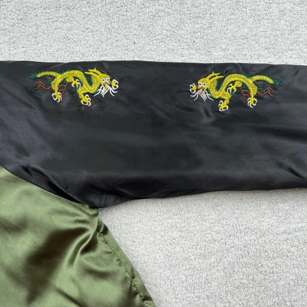 American Stitch Mens XL Bomber Jacket Olive Green Black Dragon Embroidered Satin